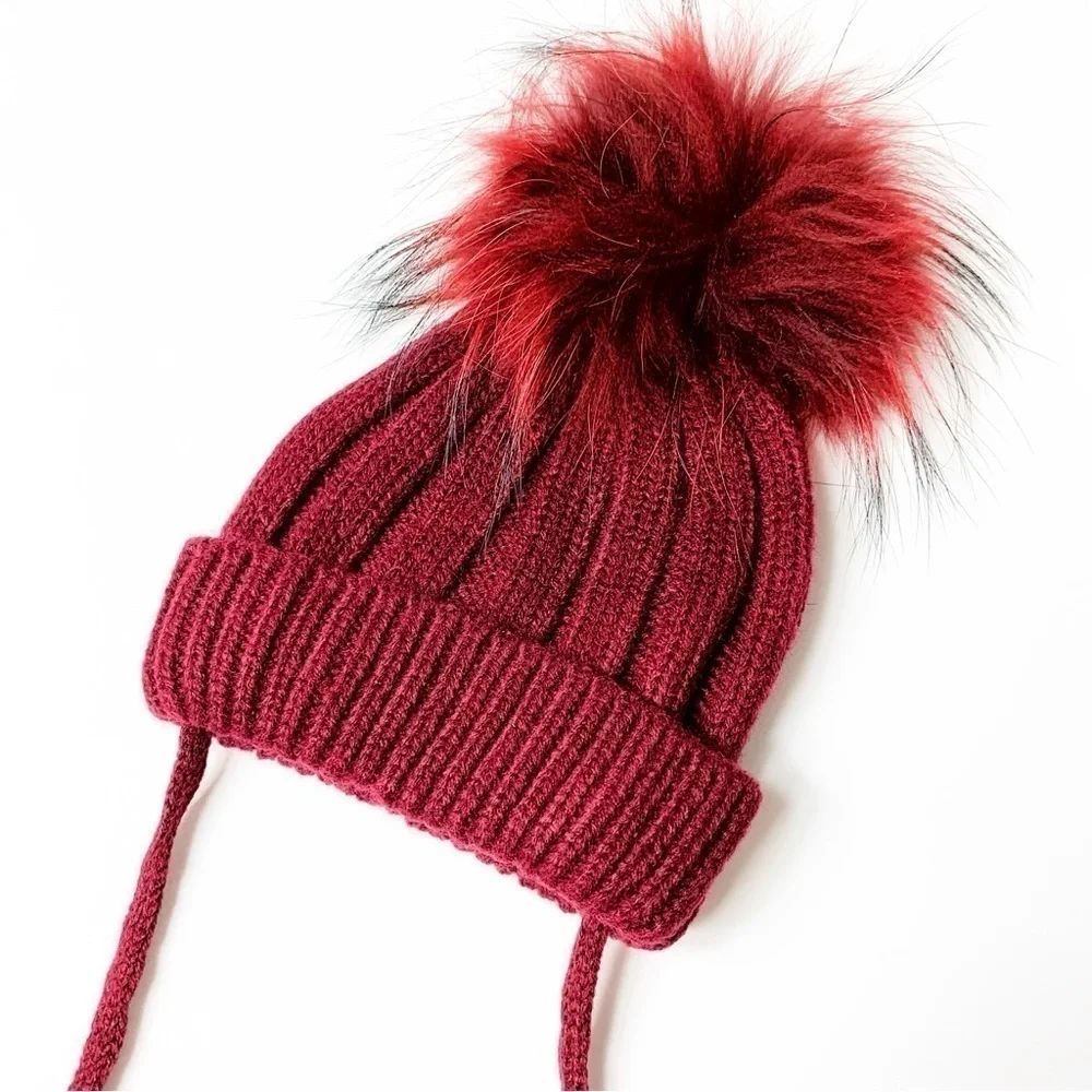 Burgundy Kids Beanie With Fur Pom Pom size Small